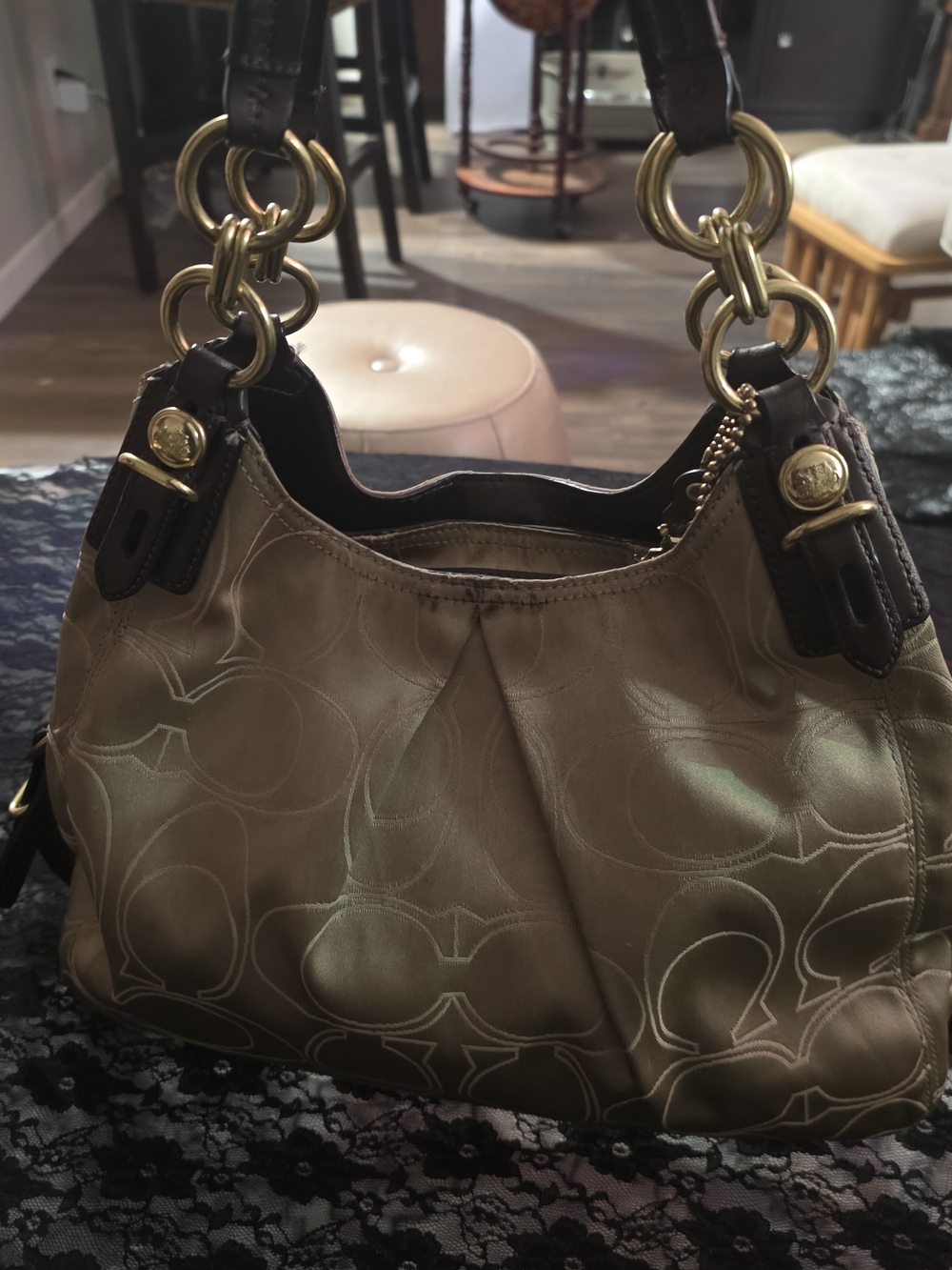 Authentic Coach Signature Op Art Hobo Handbag, Khaki/Burgundy